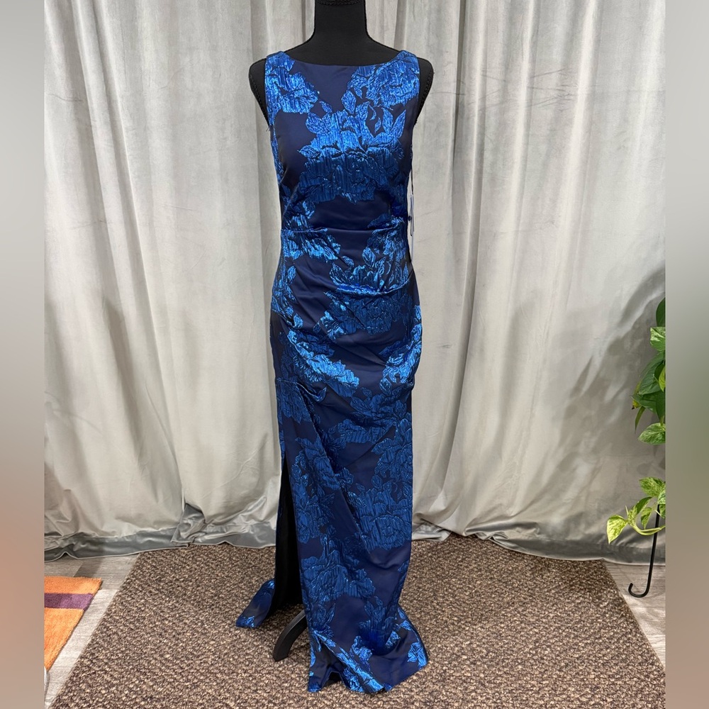Aidan Mattox Navy with Royal Blue Floral Jacquard Maxi Dress